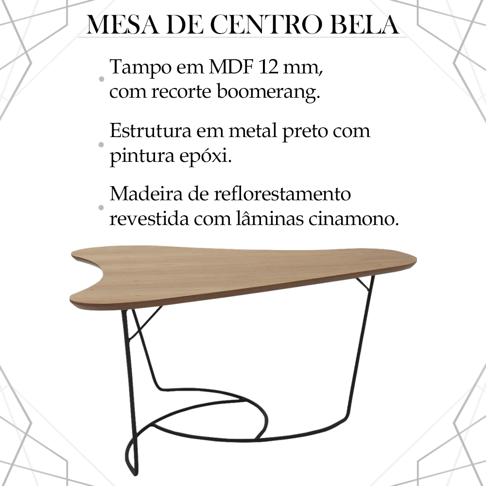 Mesa De Centro Boomerang Madeira Amendoa Base Metal Preto Nacc