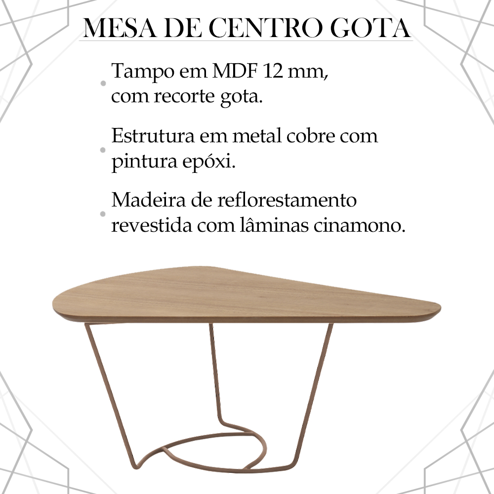 Mesa De Centro Gota Madeira Amendoa Base Metal Cobre Nacc