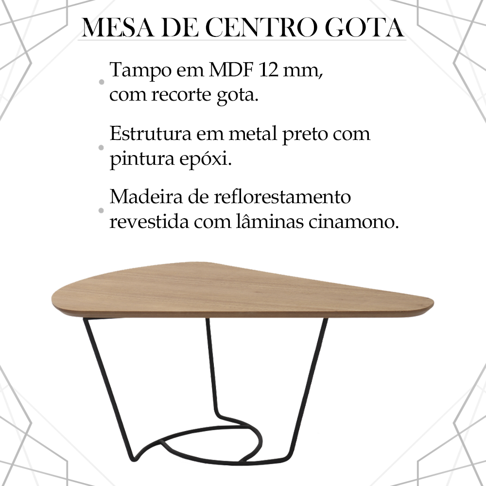 Mesa De Centro Gota Madeira Amendoa Base Metal Preto Nacc