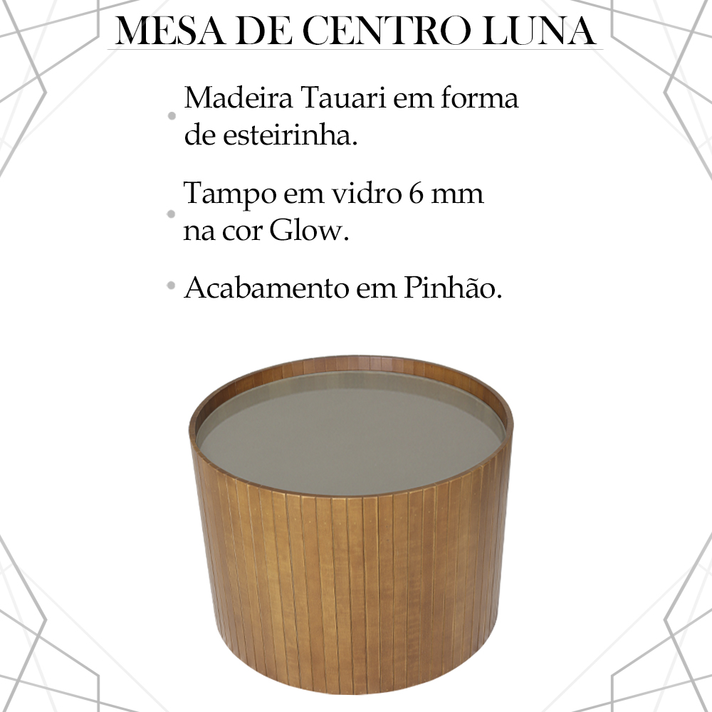 Mesa De Centro Redonda Tampo Vidro Glow Madeira Pinhao Nacc