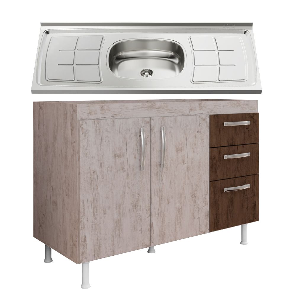 Balcão Gabinete Nathan e Pia Inox 120cm 2 Portas Rústico/Chocolate - Nathy Móveis