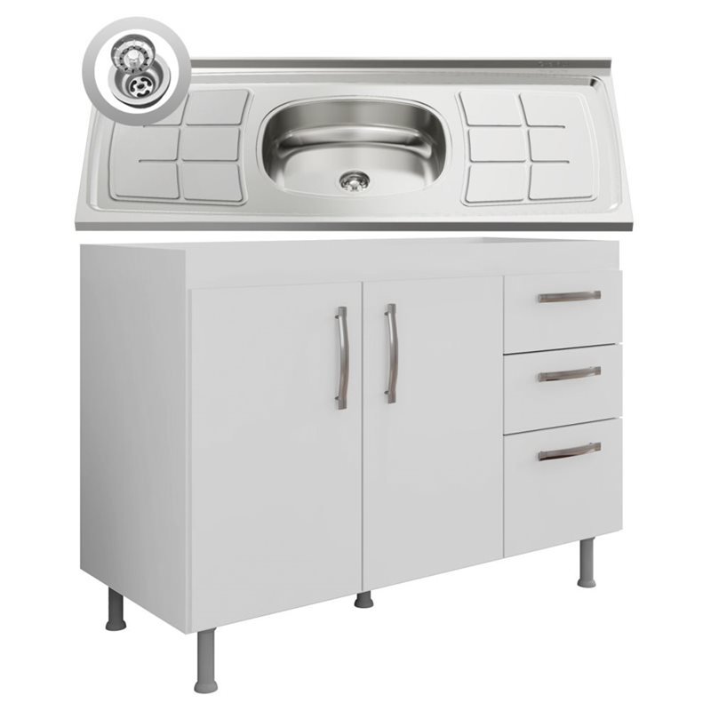 Balcão Gabinete Pia Inox 120cm Nathan 2 Portas Branco - Nathy Móveis