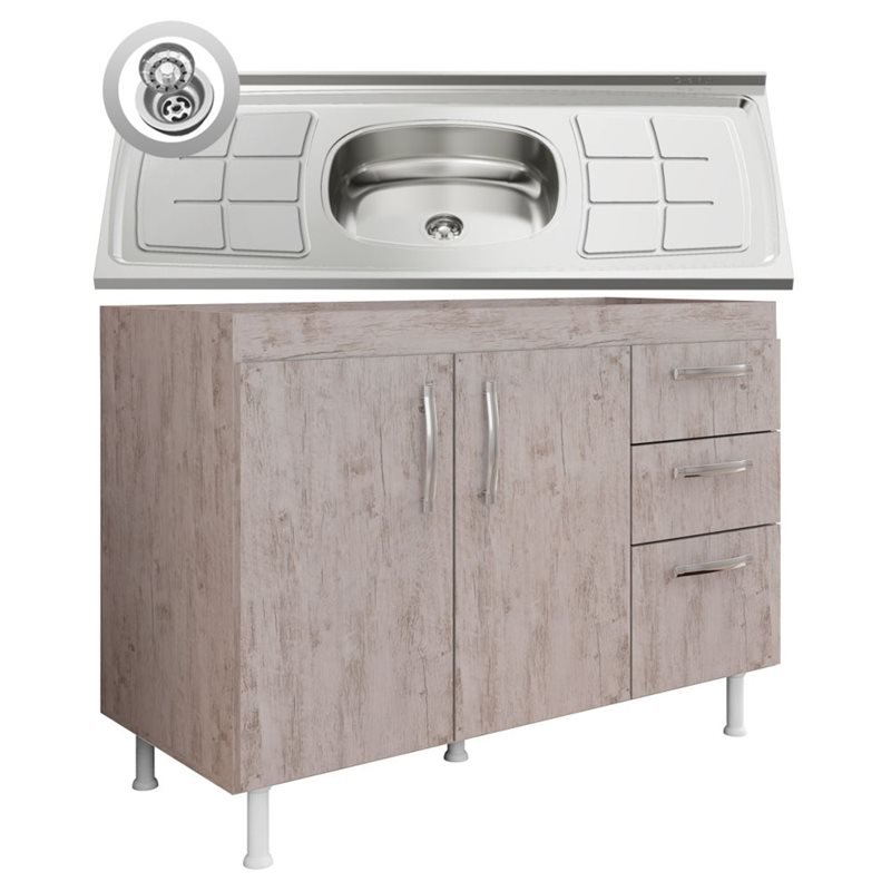 Balcão Gabinete Pia Inox 120cm Nathan 2 Portas Rústico - Nathy Móveis