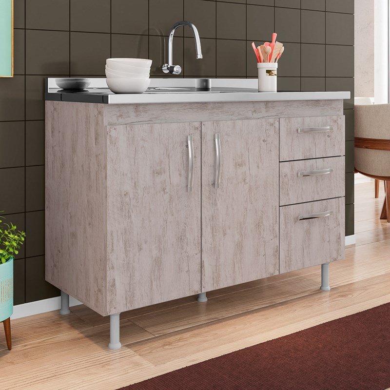 Balcão Gabinete Pia Inox 120cm Nathan 2 Portas Rústico - Nathy Móveis