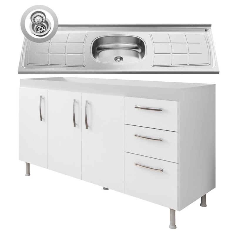 Balcão Gabinete Pia Inox 160cm Nathan 3 Portas Branco - Nathy Móveis