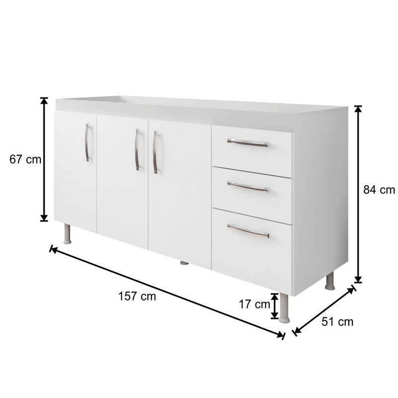 Balcão Gabinete Pia Inox 160cm Nathan 3 Portas Branco - Nathy Móveis