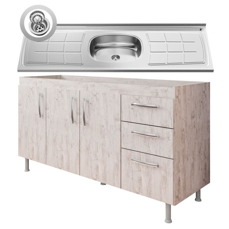 Balcão Gabinete Pia Inox 160cm Nathan 3 Portas Rústico - Nathy Móveis