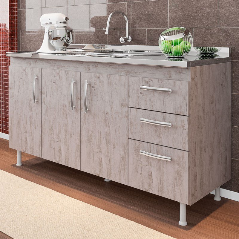 Balcão Gabinete Pia Inox 160cm Nathan 3 Portas Rústico - Nathy Móveis