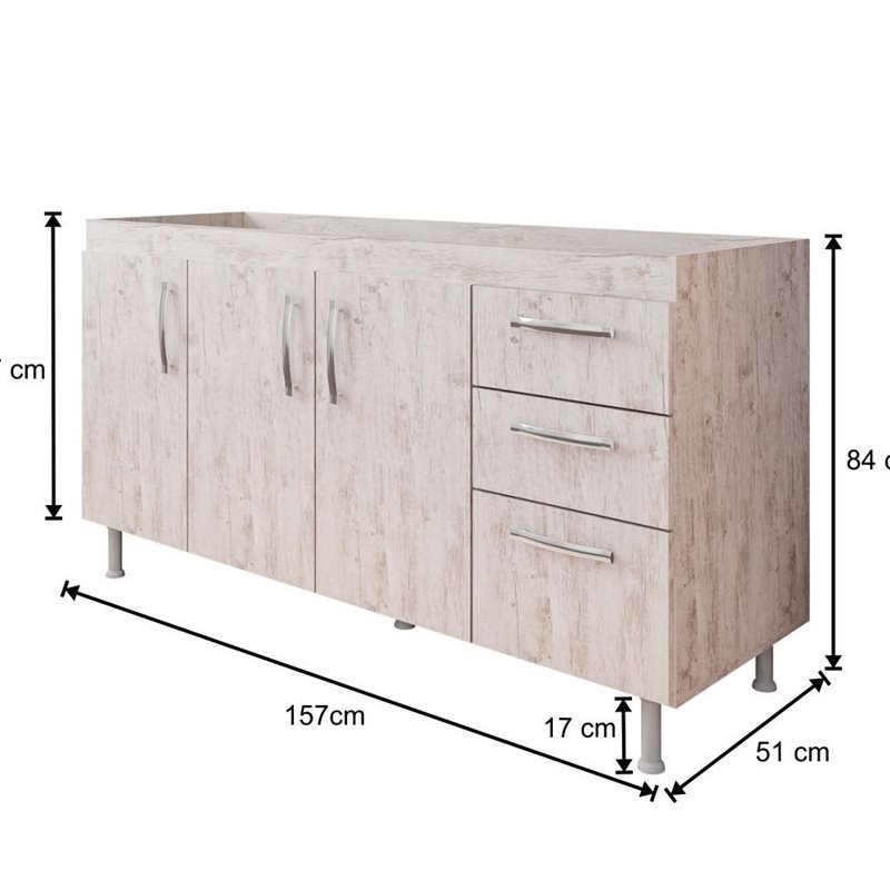 Balcão Gabinete Pia Inox 160cm Nathan 3 Portas Rústico - Nathy Móveis