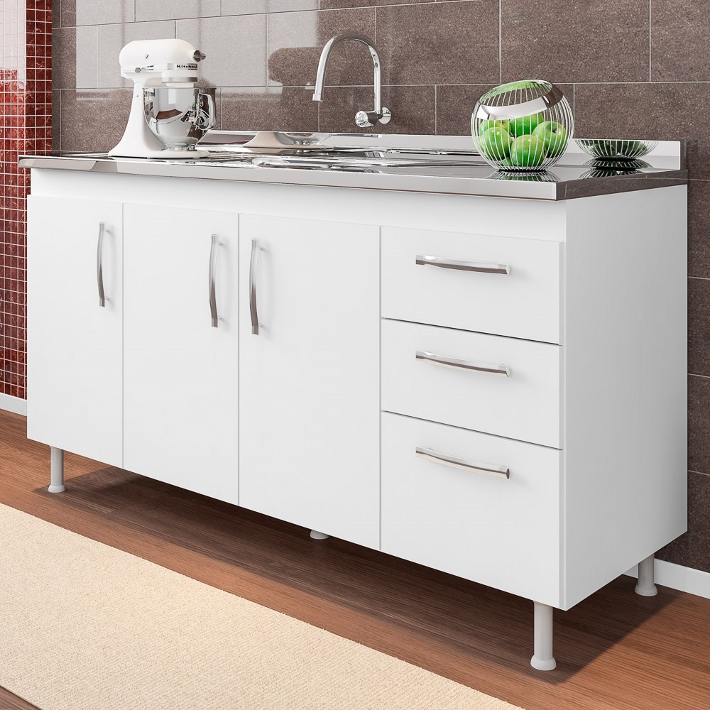 Balcão Gabinete de Pia sem Tampo 160cm Nathan 3 Portas Branco - Nathy Móveis
