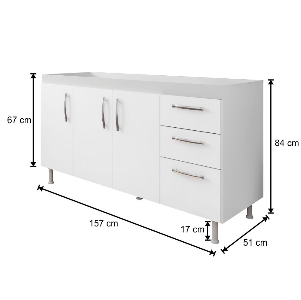 Balcão Gabinete de Pia sem Tampo 160cm Nathan 3 Portas Branco - Nathy Móveis