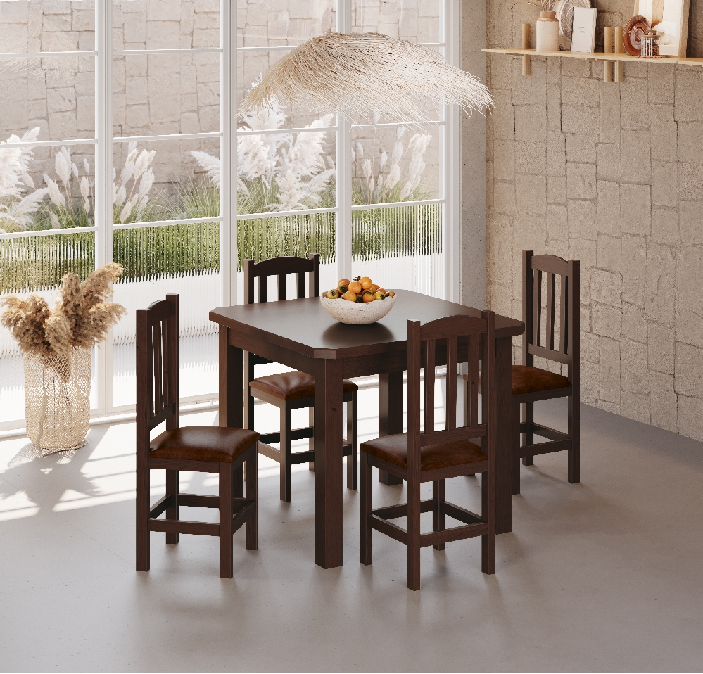 Conjunto Mesa Castanho De Madeira 88x88 Com 4 Cadeiras Estofadas Para Cozinha Sala De Jantar  Sfa