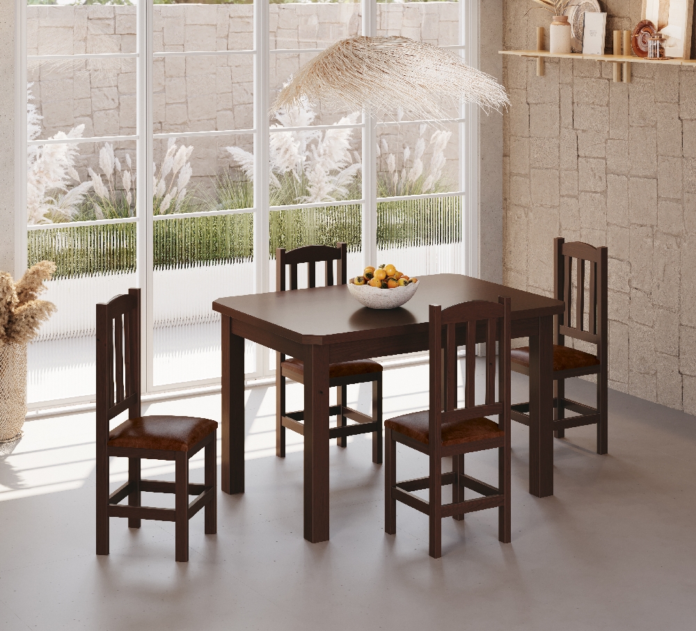 Conjunto Mesa De Madeira Castanho 120x88 Com 4 Cadeiras Estofadas Sfa