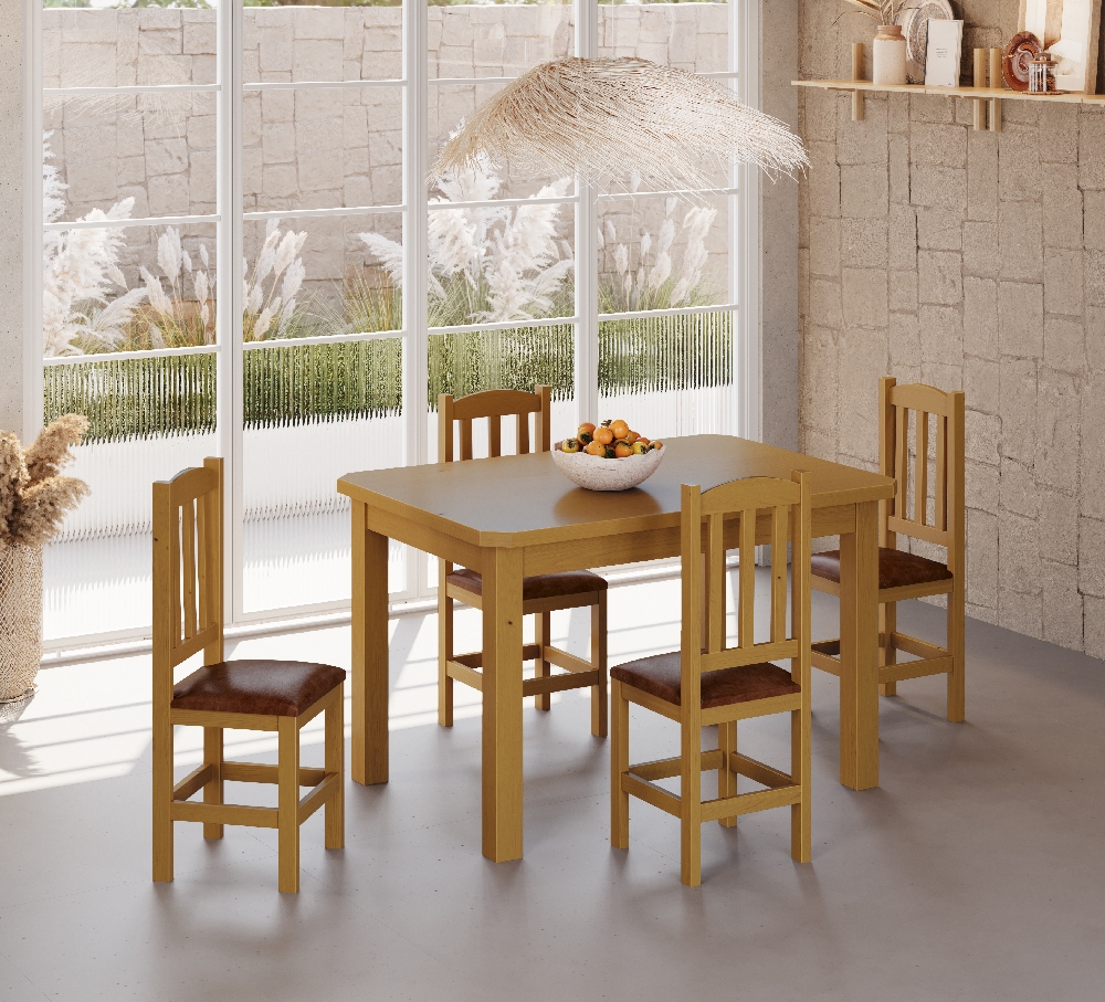 Conjunto Mesa De Madeira Mel 120x88 Com 4 Cadeiras Estofadas Sfa