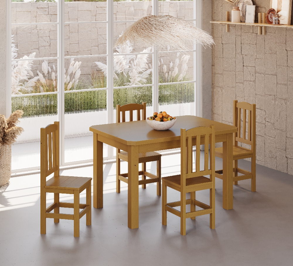 Conjunto Mesa De Madeira Mel Maciça 120x88 + 4 Cadeiras Sfa