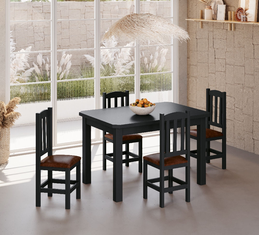 Conjunto Mesa De Madeira Preto 120x88 Com 4 Cadeiras Estofadas Sfa