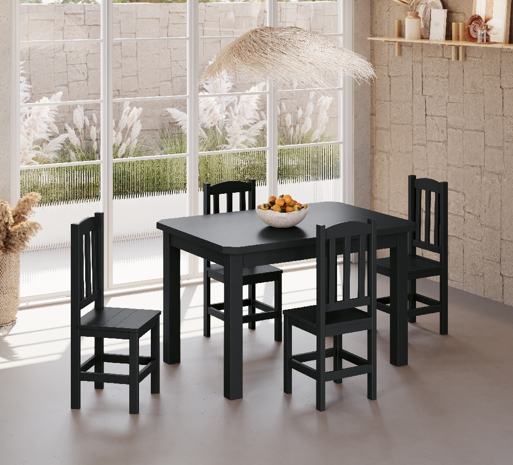 Conjunto Mesa De Madeira Preto Maciça 120x88 + 4 Cadeiras Sfa