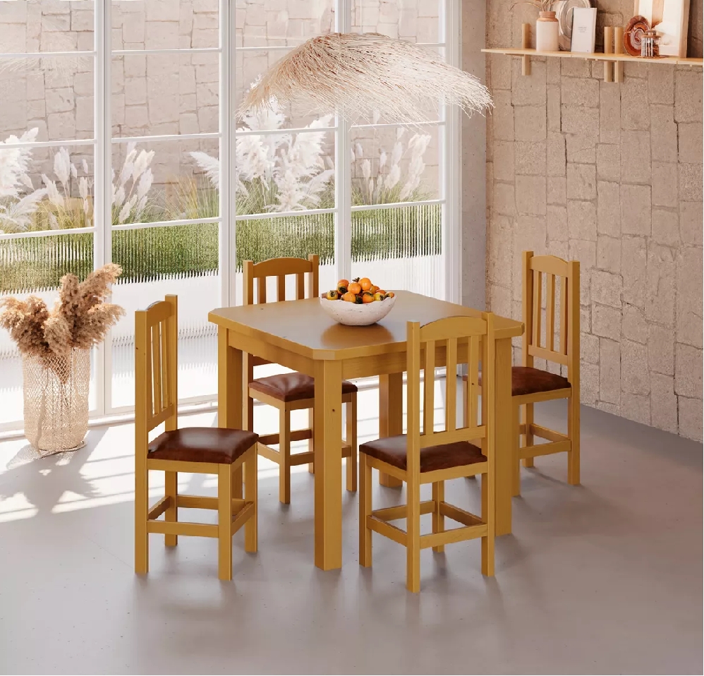 Conjunto Mesa Mel De Madeira 88x88 Com 4 Cadeiras Estofadas Para Cozinha Sala De Jantar  Sfa