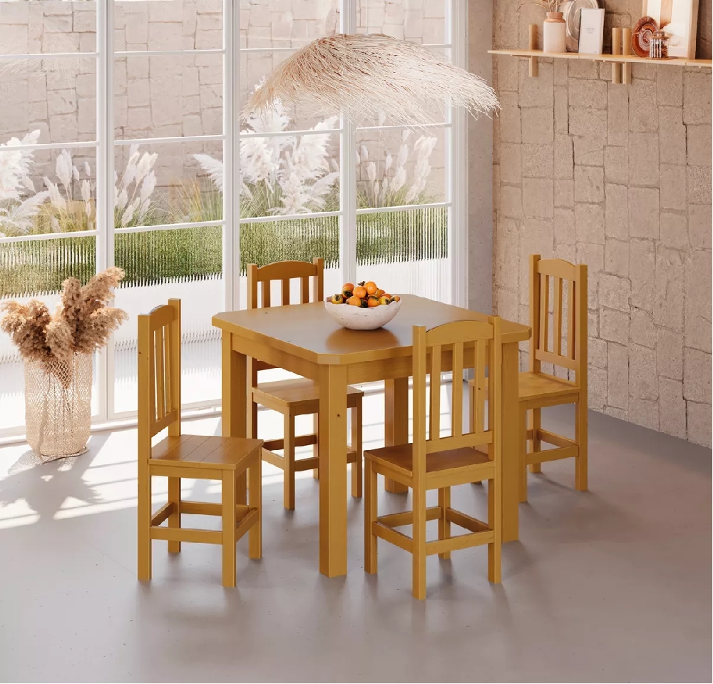 Conjunto Mesa Mel De Madeira Maciça 88x88 + 4 Cadeiras Madeira Para Cozinha Sala De Jantar  Sfa