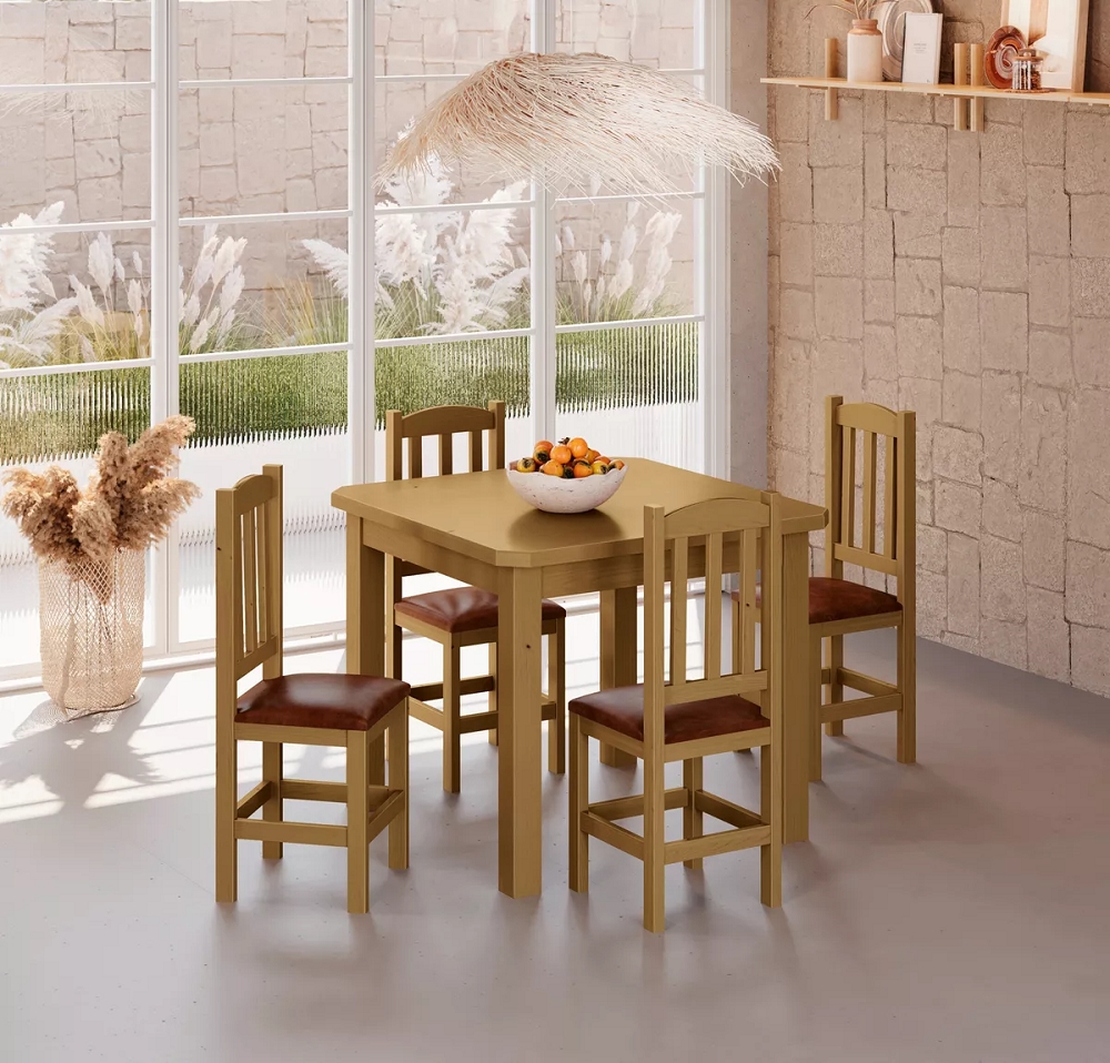 Conjunto Mesa Nogueira De Madeira 88x88 Com 4 Cadeiras Estofadas Para Cozinha Sala De Jantar  Sfa