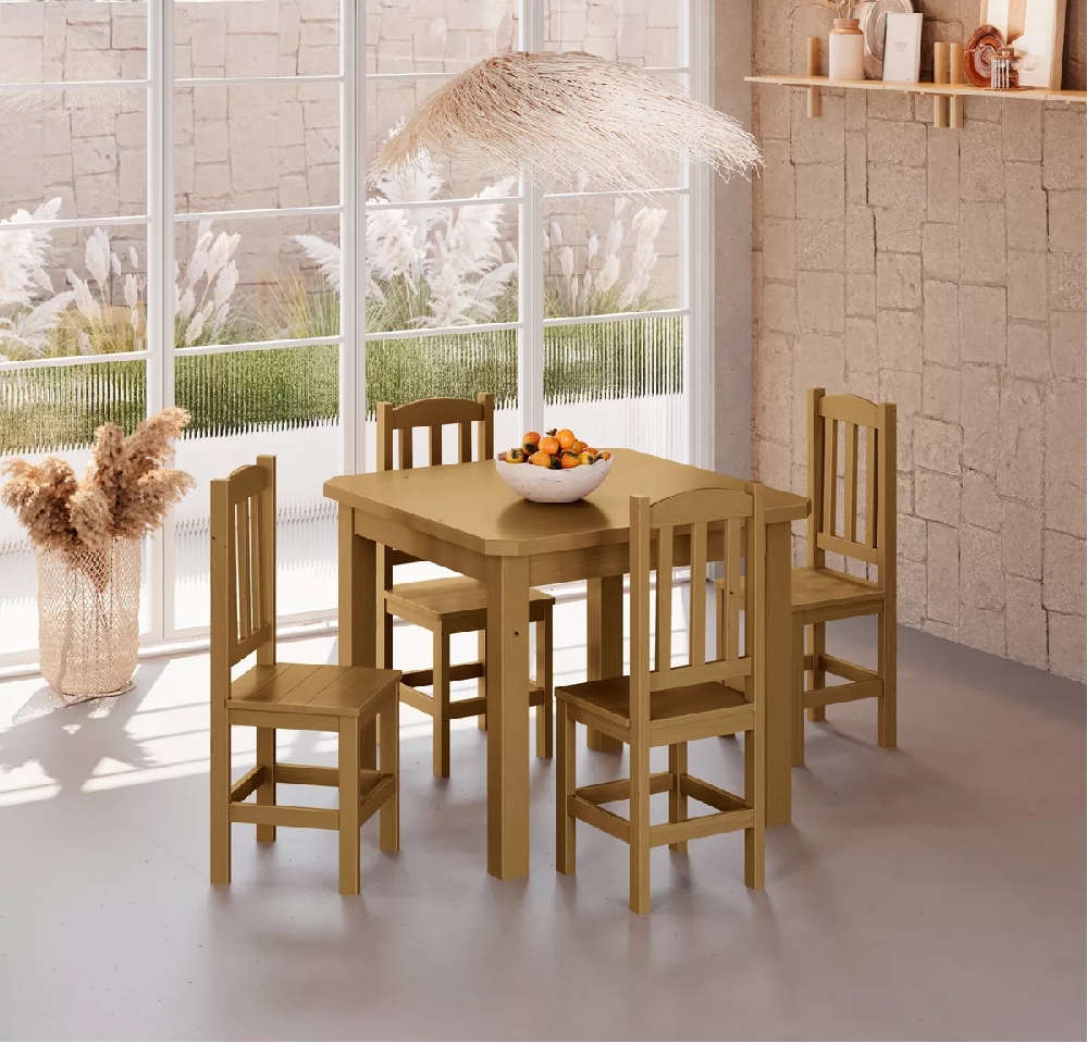 Conjunto Mesa Nogueira De Madeira Maciça 88x88 + 4 Cadeiras Madeira Para Cozinha Sala De Jantar Sfa