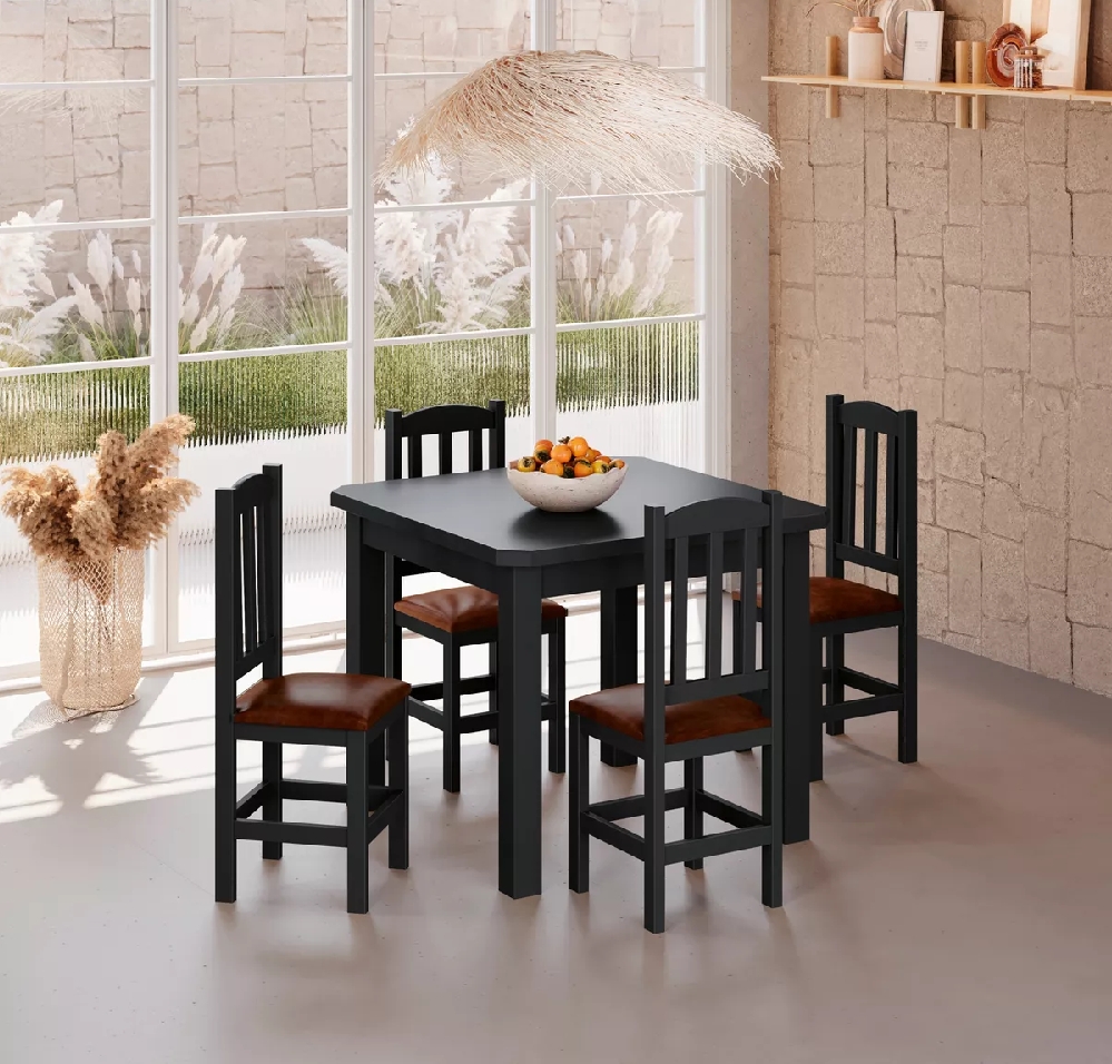 Conjunto Mesa Preta De Madeira 88x88 Com 4 Cadeiras Estofadas Para Cozinha Sala De Jantar  Sfa