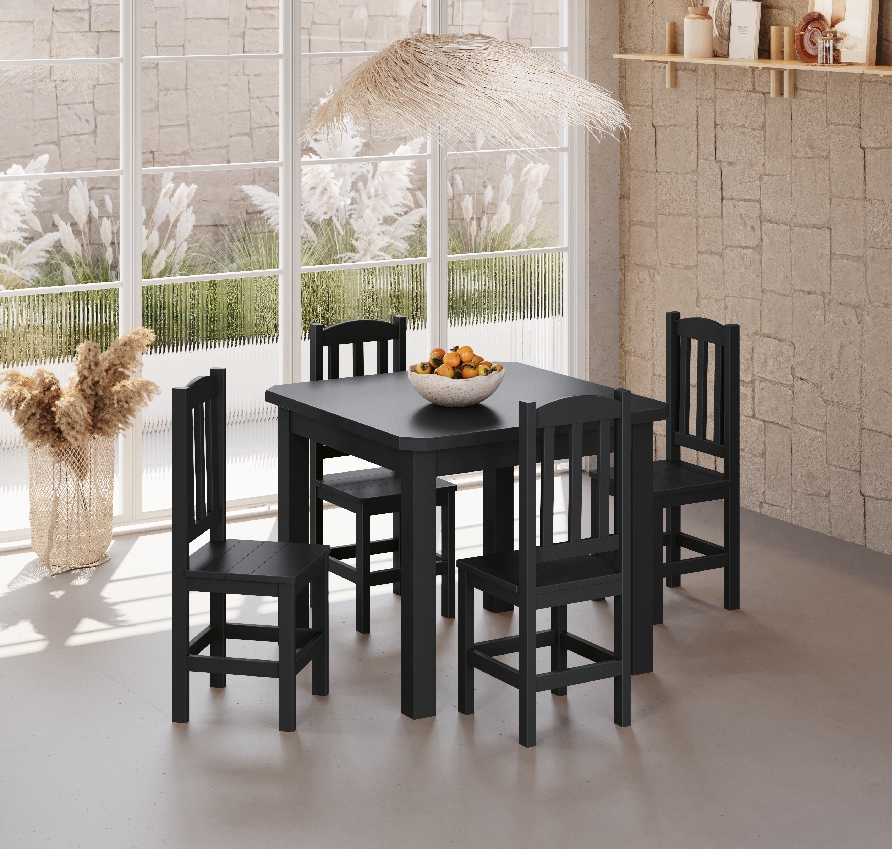 Conjunto Mesa Preta De Madeira Maciça 88x88 + 4 Cadeiras Madeira Para Cozinha Sala De Jantar  Sfa