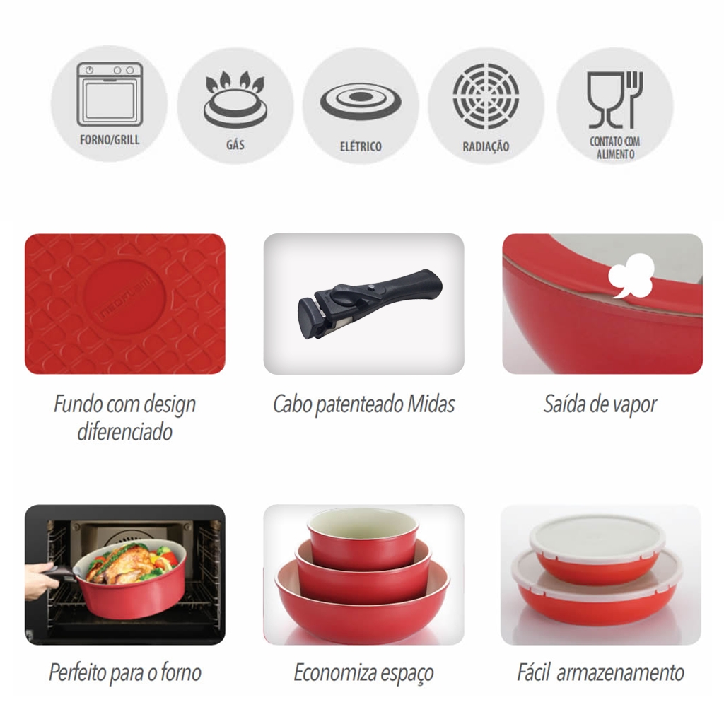 Conjunto Panelas Multiuso com Revestimento Cerâmico - Midas Plus - Neoflam - Cor Salmão - 3 Peças