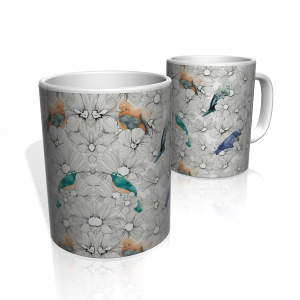 Caneca De Porcelana Nerderia e Lojaria birds flores 2 colorido