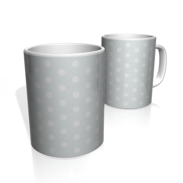 Caneca De Porcelana Nerderia e Lojaria cinza bolinhas brancas colorido