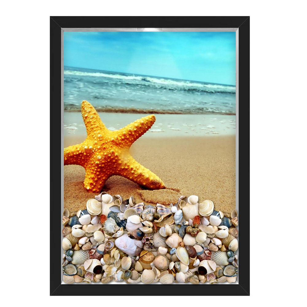 QUADRO CAIXA 33X43  PORTA CONCHAS NERDERIA E LOJARIA conchas estrela do mar 02 preto