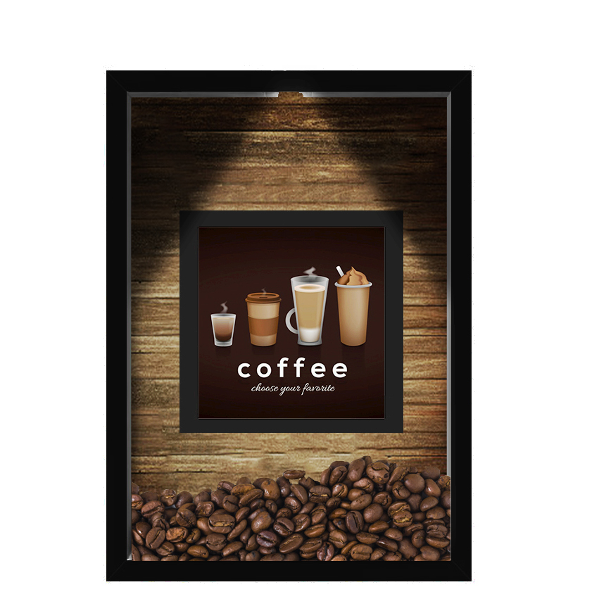QUADRO DUPLO CAIXA 33X43  (COM LED )PORTA GRÃOS DE CAFE Nerderia e Lojaria  graos cafe choose preto