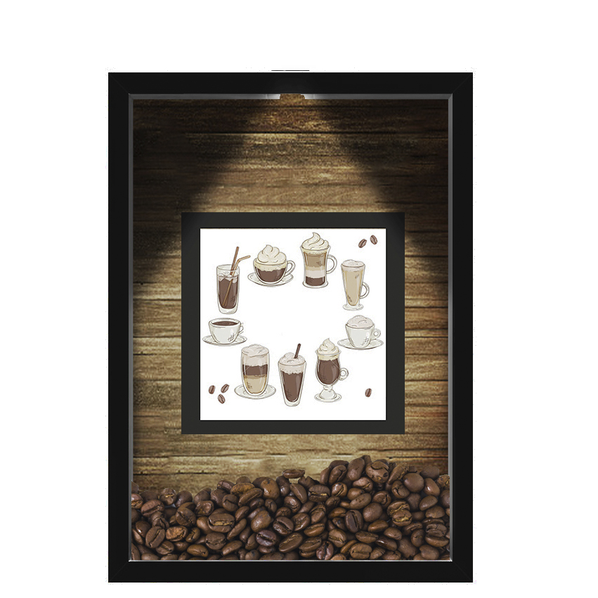 QUADRO DUPLO CAIXA 33X43  (COM LED )PORTA GRÃOS DE CAFE Nerderia e Lojaria  graos cafe cup preto