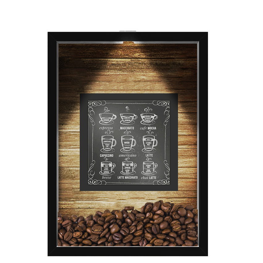QUADRO DUPLO CAIXA 33X43  (COM LED )PORTA GRÃOS DE CAFE Nerderia e Lojaria  graos cafe lousa preto