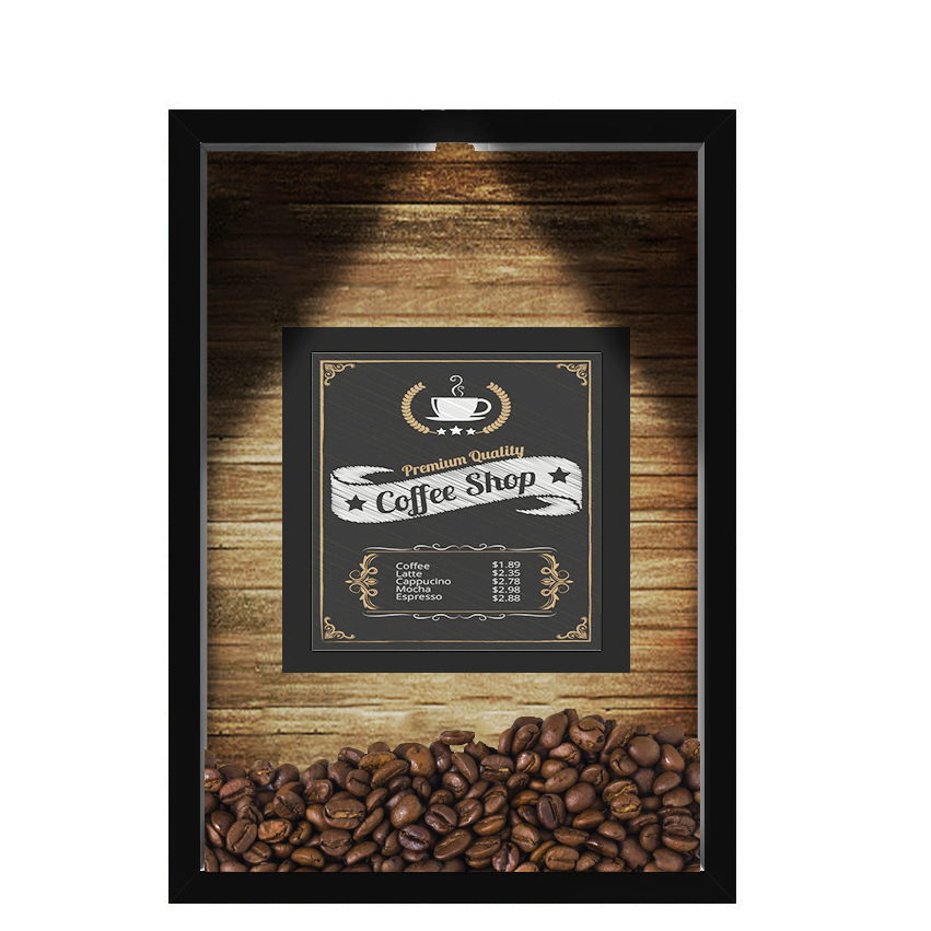 QUADRO DUPLO CAIXA 33X43  (COM LED )PORTA GRÃOS DE CAFE Nerderia e Lojaria  graos cafe shop preto