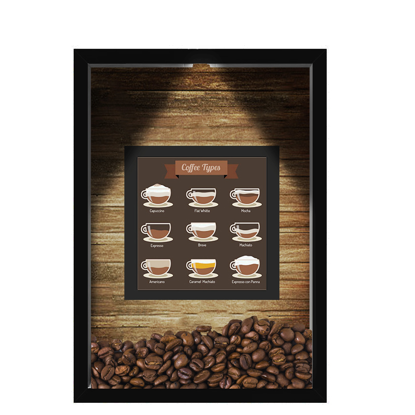 QUADRO DUPLO CAIXA 33X43  (COM LED )PORTA GRÃOS DE CAFE Nerderia e Lojaria  graos cafe tipos preto