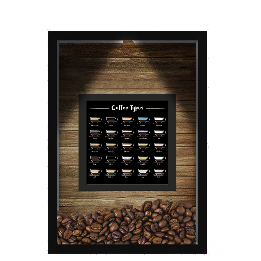 QUADRO DUPLO CAIXA 33X43  (COM LED )PORTA GRÃOS DE CAFE Nerderia e Lojaria  graos tipo cafe preto