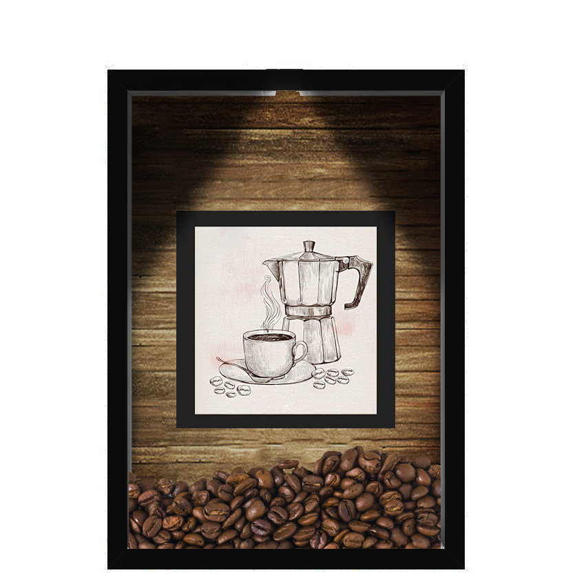 QUADRO DUPLO CAIXA 33X43  (COM LED )PORTA GRÃOS DE CAFE Nerderia e Lojaria  graoss cafe lousa preto
