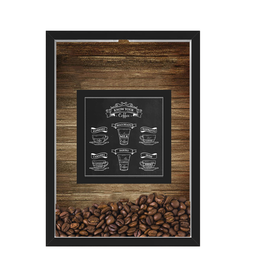 QUADRO DUPLO CAIXA 33X43  PORTA GRÃOS DE CAFE Nerderia e Lojaria graos cafe know your preto