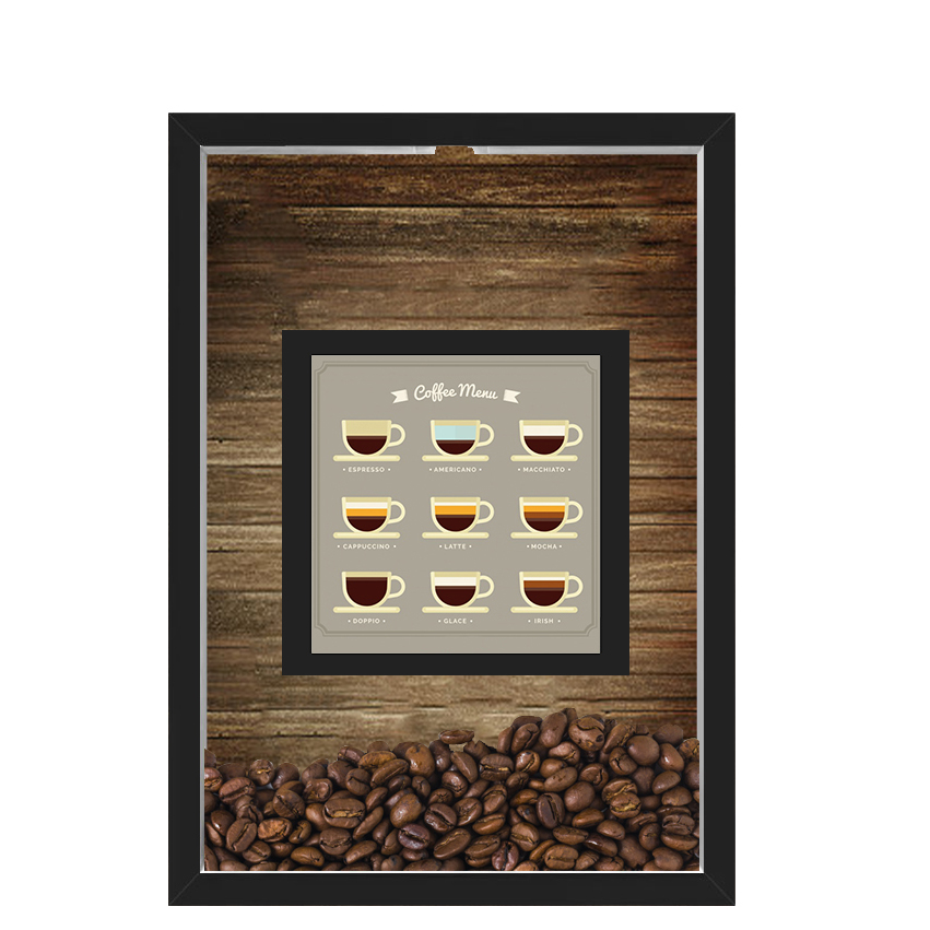 QUADRO DUPLO CAIXA 33X43  PORTA GRÃOS DE CAFE Nerderia e Lojaria graos cafe menu preto