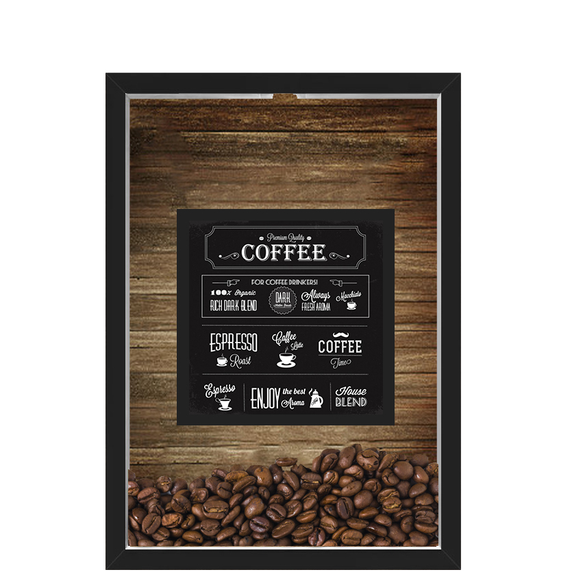 QUADRO DUPLO CAIXA 33X43  PORTA GRÃOS DE CAFE Nerderia e Lojaria graos cafe premium quality preto
