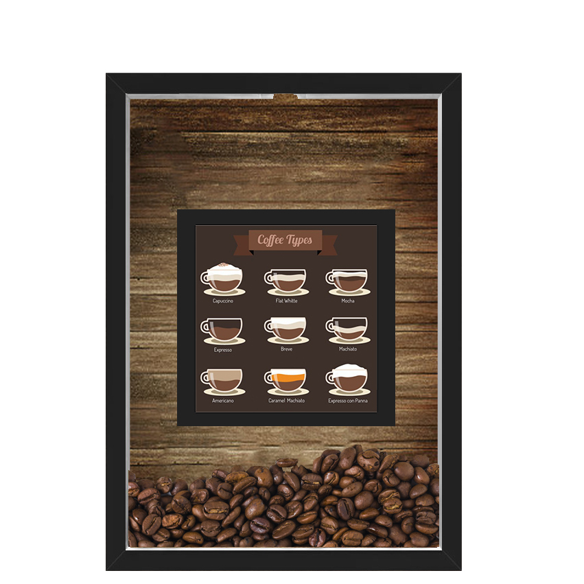 QUADRO DUPLO CAIXA 33X43  PORTA GRÃOS DE CAFE Nerderia e Lojaria graos cafe tipos preto