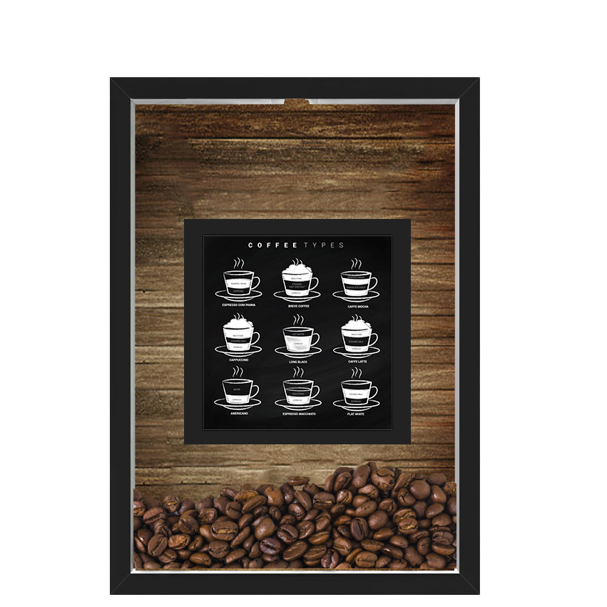 QUADRO DUPLO CAIXA 33X43  PORTA GRÃOS DE CAFE Nerderia e Lojaria graos cafe types preto