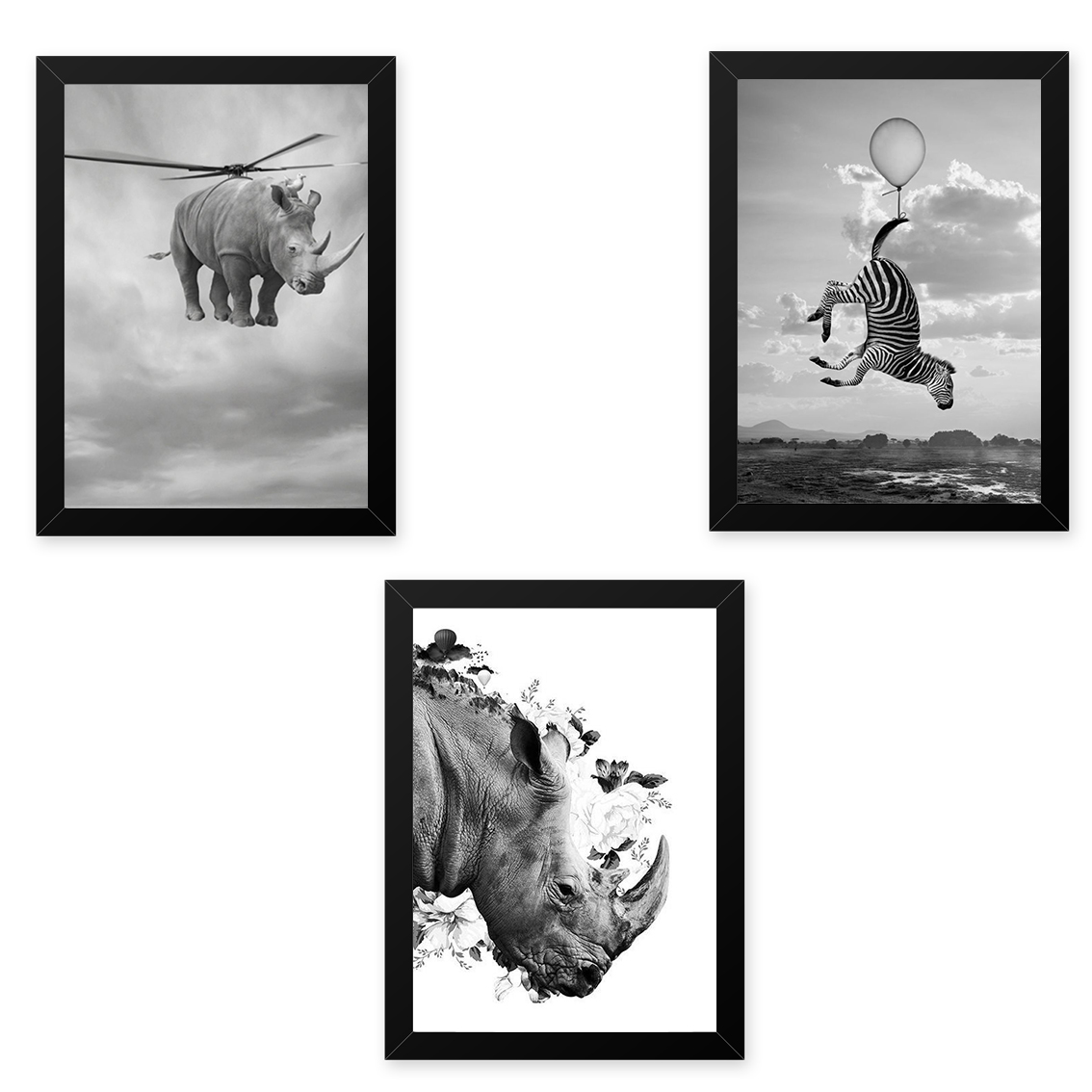 Quadro 33x43 (3und.) Nerderia Lojaria animais surreais preto