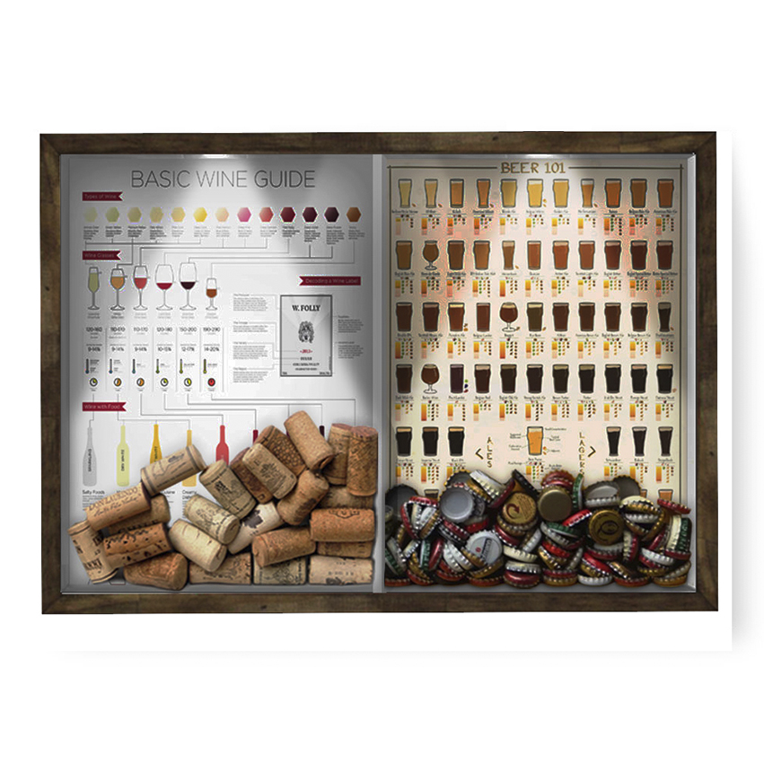 Quadro CAIXA 33x43 cm Porta Rolha Vinho E Tampinha Cerveja (2 Em 1) - Com LED Nerderia e Lojaria Wine guide e beer 101 madeira