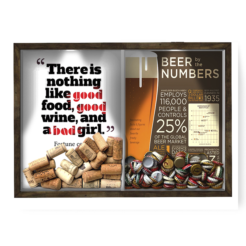 Quadro CAIXA 33x43 cm Porta Rolha Vinho E Tampinha Cerveja (2 Em 1) - Com LED Nerderia e Lojaria bab girl e beer numbers madeira