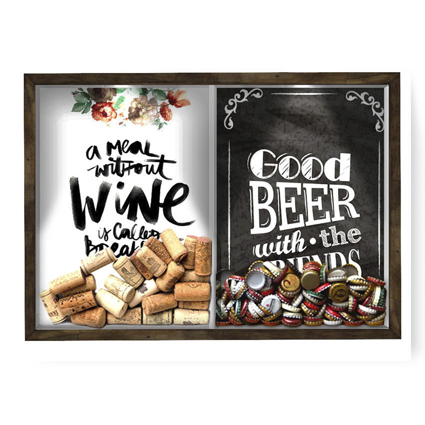 Quadro CAIXA 33x43 cm Porta Rolha Vinho E Tampinha Cerveja (2 Em 1) - Com LED Nerderia e Lojaria breakfast e Good beer black madeira