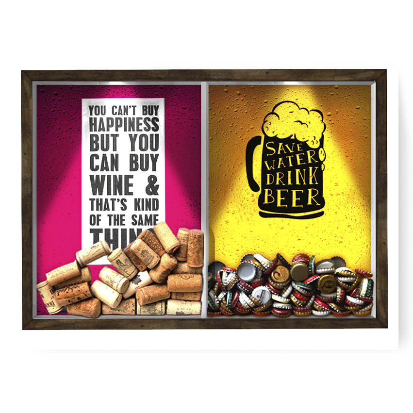 Quadro CAIXA 33x43 cm Porta Rolha Vinho E Tampinha Cerveja (2 Em 1) - Com LED Nerderia e Lojaria happiness e save water madeira