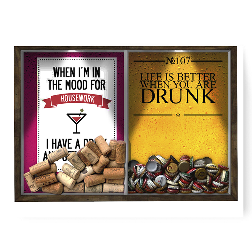 Quadro CAIXA 33x43 cm Porta Rolha Vinho E Tampinha Cerveja (2 Em 1) - Com LED Nerderia e Lojaria housework e drunk madeira