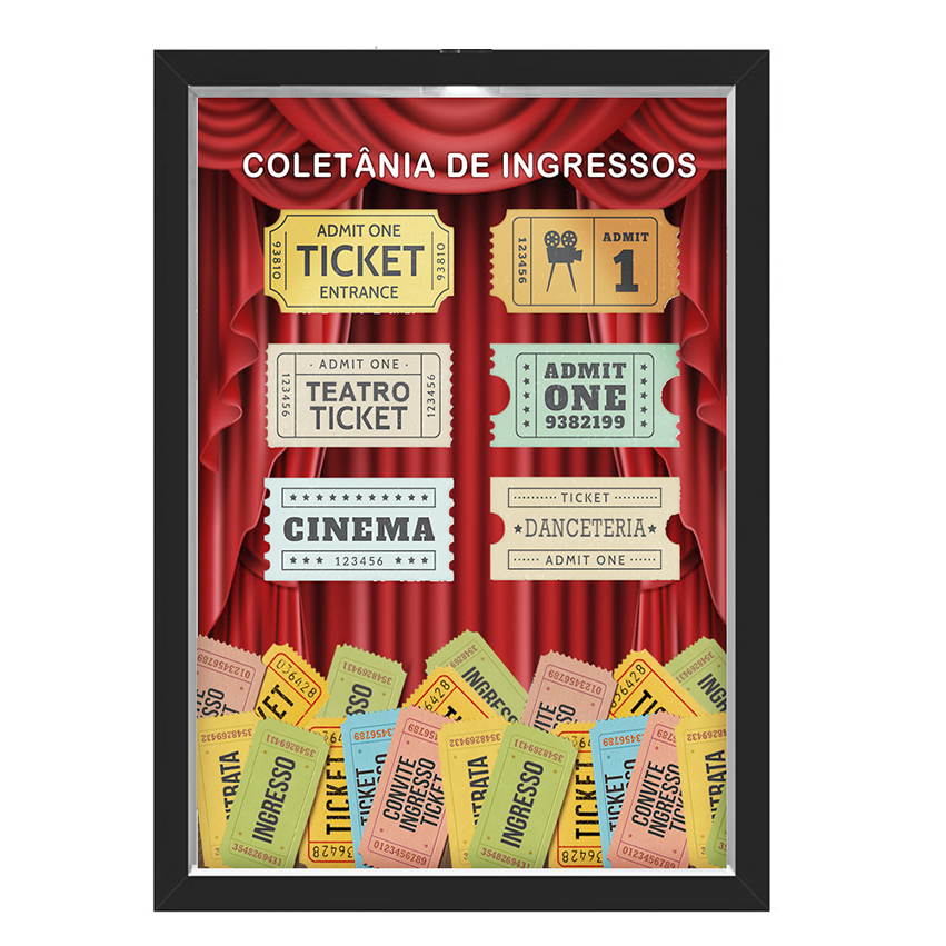 Quadro Caixa  Porta Ingressos 33x43 cm (Com Led) Lojaria e Nerderia. coletania de ingressos preto